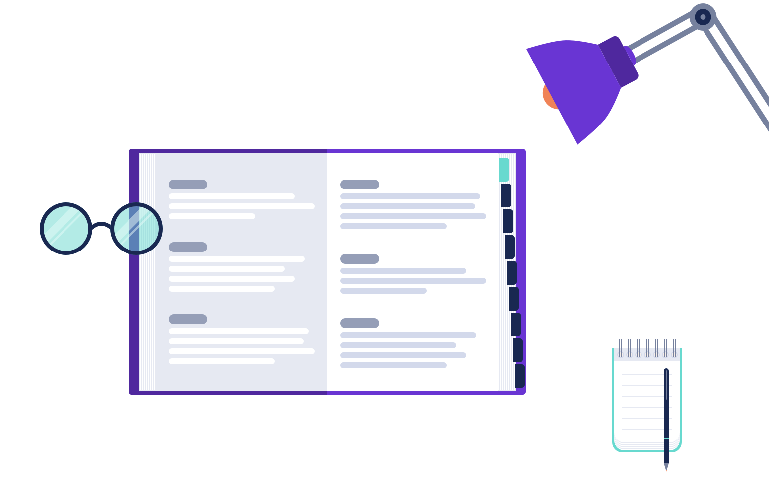 Illustration of open text book and stationary