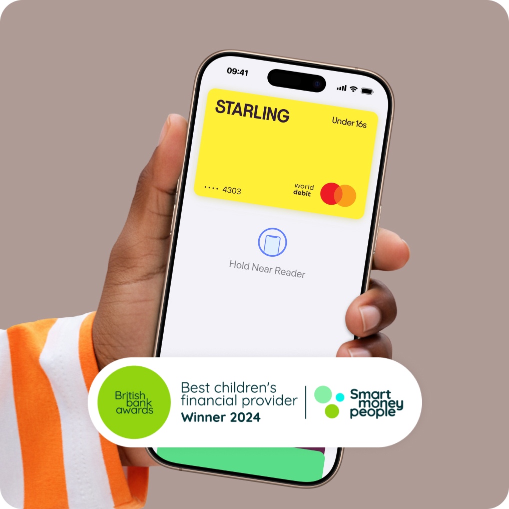 Yellow Under 16s card showing in Apple pay, with "Best children's financial provider" Winner 2024