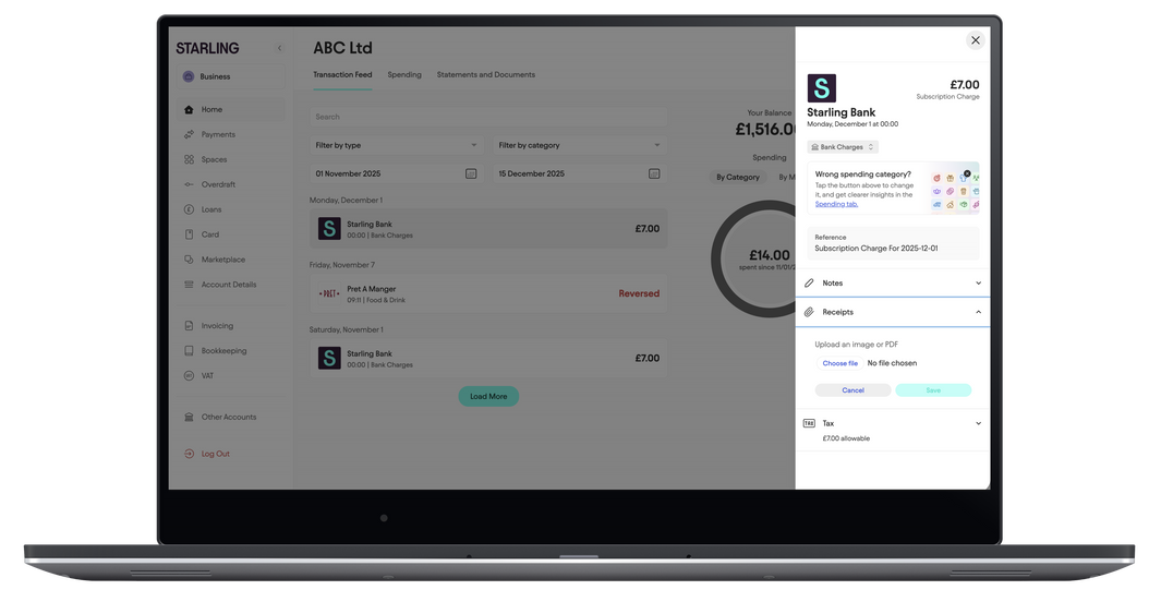 An example of receipts in Starling online banking