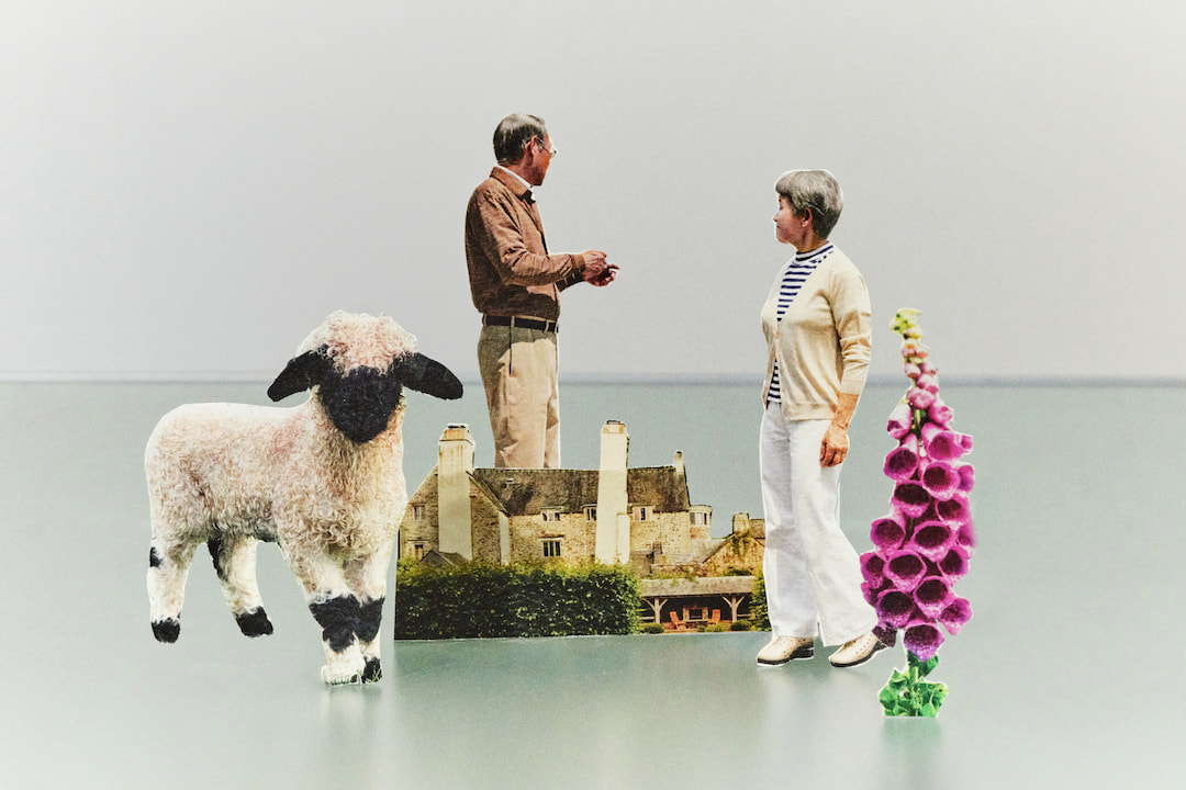 Collage of cut out images showing a foxglove flower a large house a woman a man and a sheep