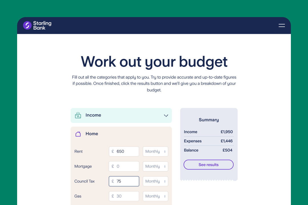 Starling's budget planner, shown with some example figures for household expenses