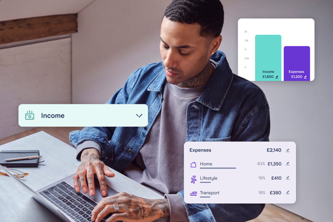 Man at his laptop making a budget. Illustrations added to image to show income vs expenses and a breakdown of expenses.
