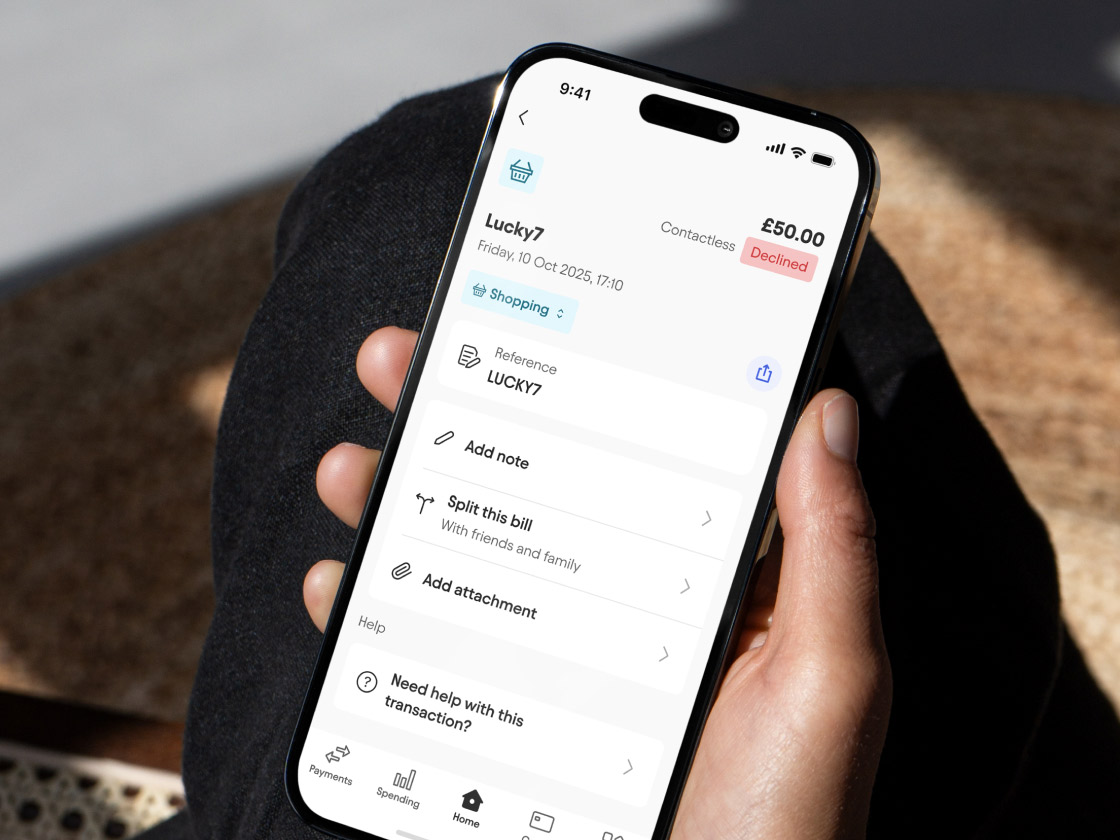 Screen in the Starling app showing a declined transaction and help tools
