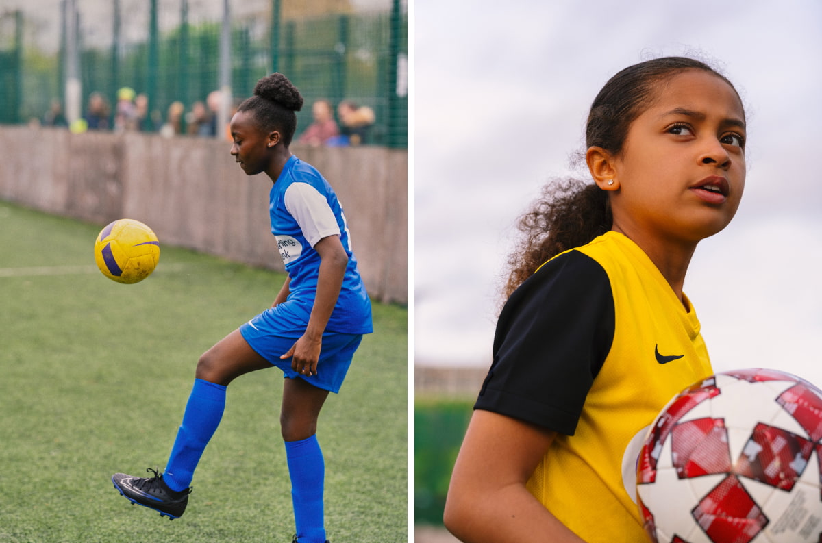 Collage of two images. The image on the left shows a girl kicking the ball up. The image on the right shows a portrait of a girl with the ball in her hands.