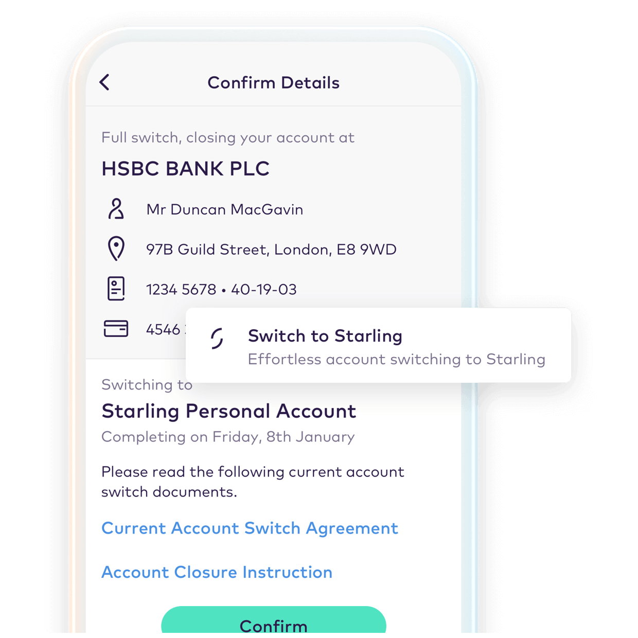 Confirm details of Switch to Starling app screen
