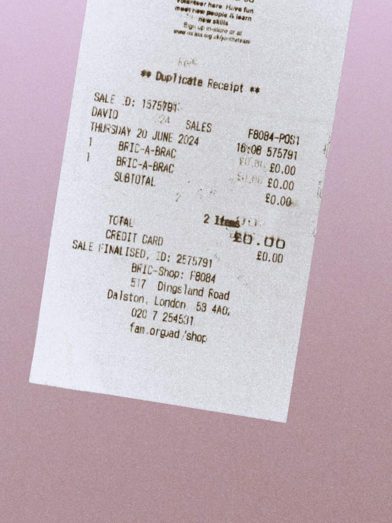 Receipt with nothing spent and a pink background