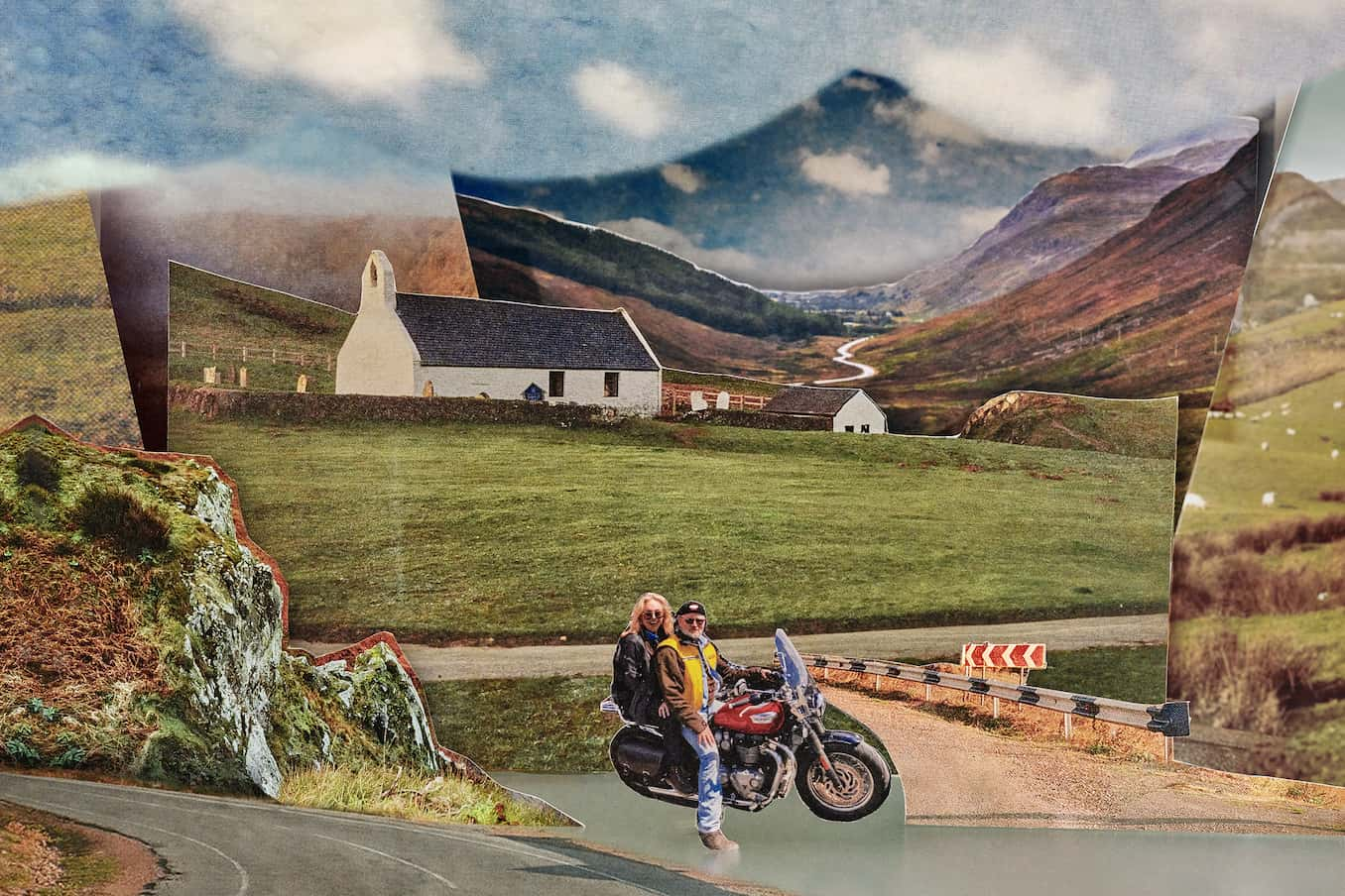 Collage of images showing a white church a mountain a couple on a motorbike