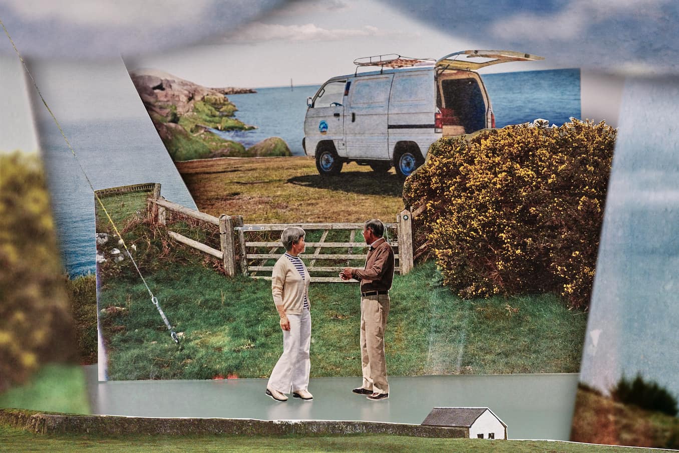 Collage of images showing a camper van a couple standing by a gate and the sea