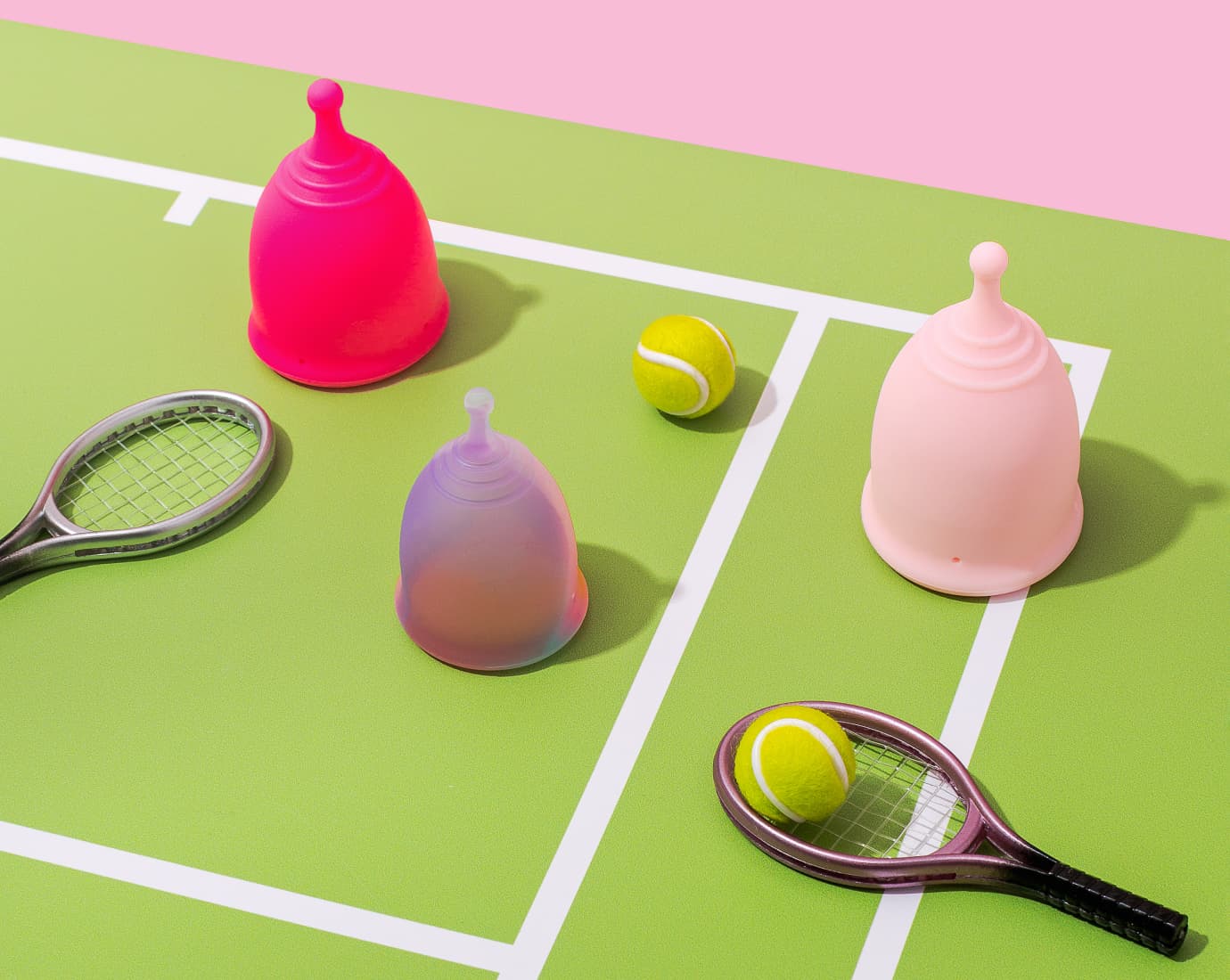 Menstrual cups on a tennis court
