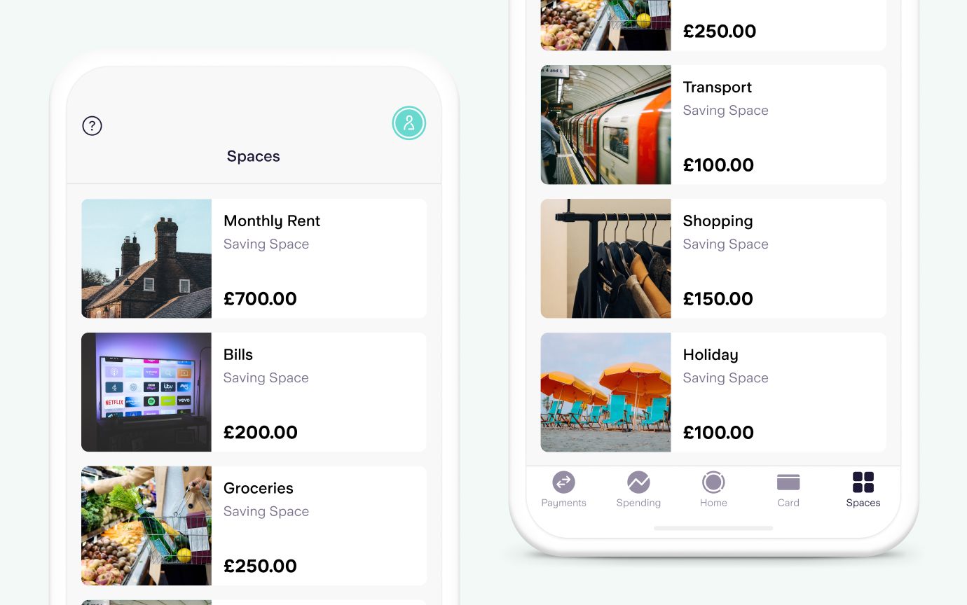 Examples of spaces from the app. Monthly rent, Bills, Groceries, Holiday, Shopping, Transport.
