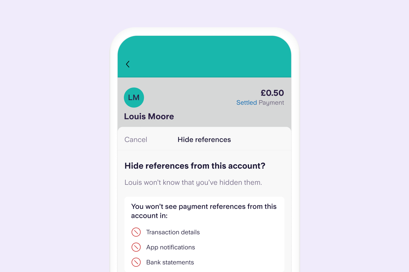 Image showing the screen in the Starling app where you can hide payment references from one payee