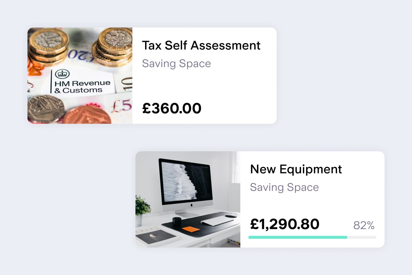 Two Saving Spaces showing goals for Tax Self Assessment and New Equipment