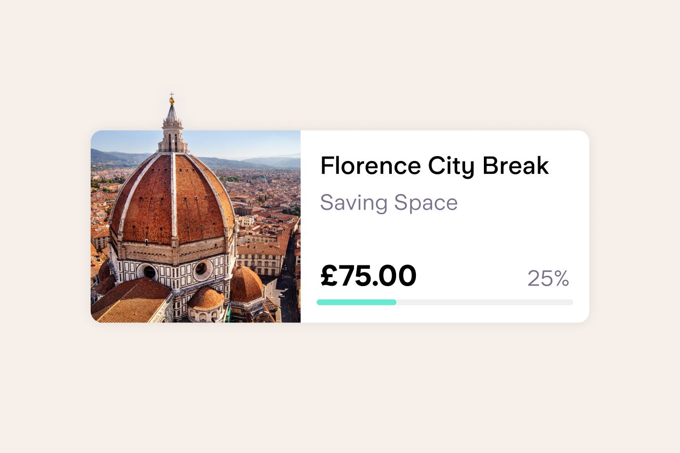 A demonstration of the Starling Bank app's spaces feature. It is saving space for Florence City Break. £75 added to the space, the progress bar indicates that it's 25% of a goal.