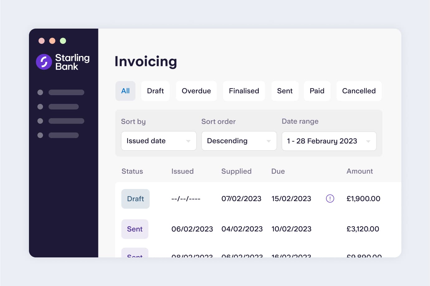Screen showing invoicing in the Online Bank
