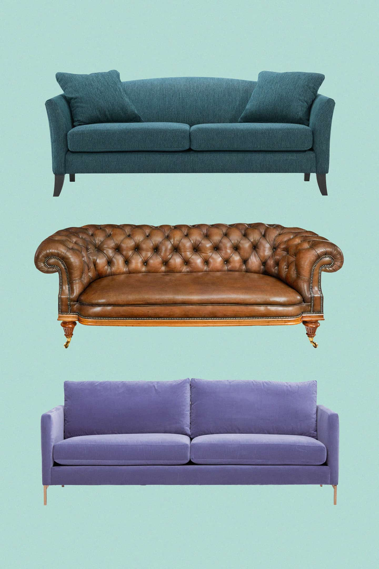 Cut out images of three sofas in different styles with a teal background