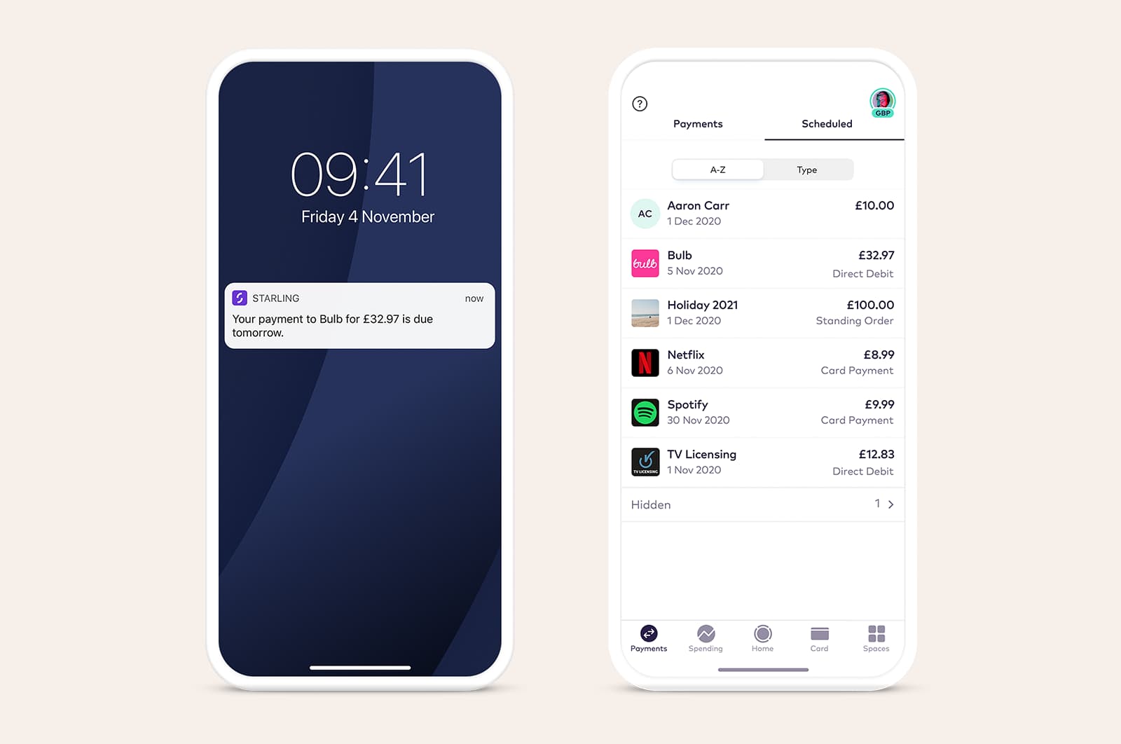 Starling app scheduled payment screen