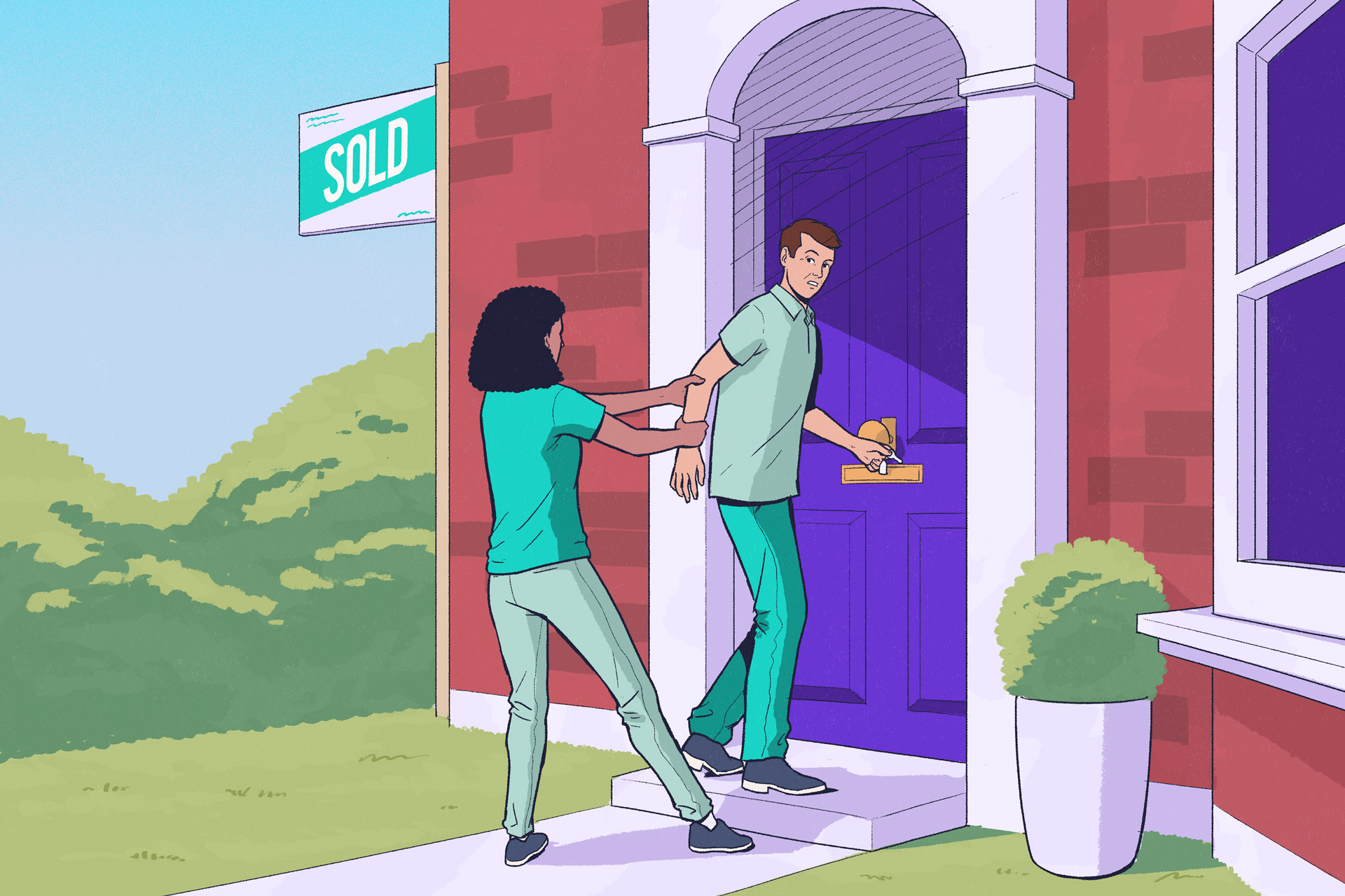 Illustration showing a man opening a purple front door and a woman tugging his arm back