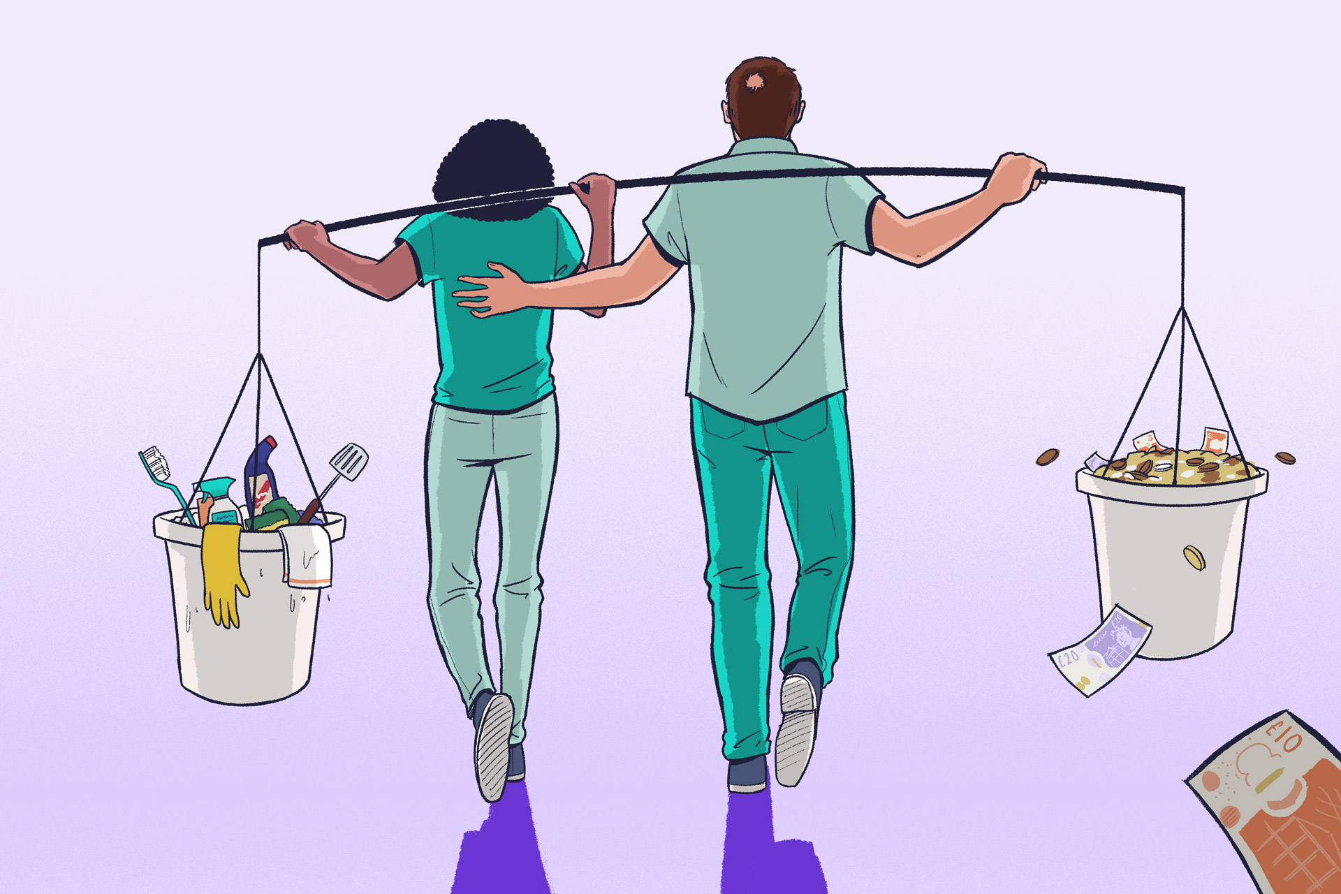 Illustration of a woman and a man carrying a bucket each, balancing each other. The women's bucket is filled with cleaning materials. The man's bucket is filled with coins and notes.