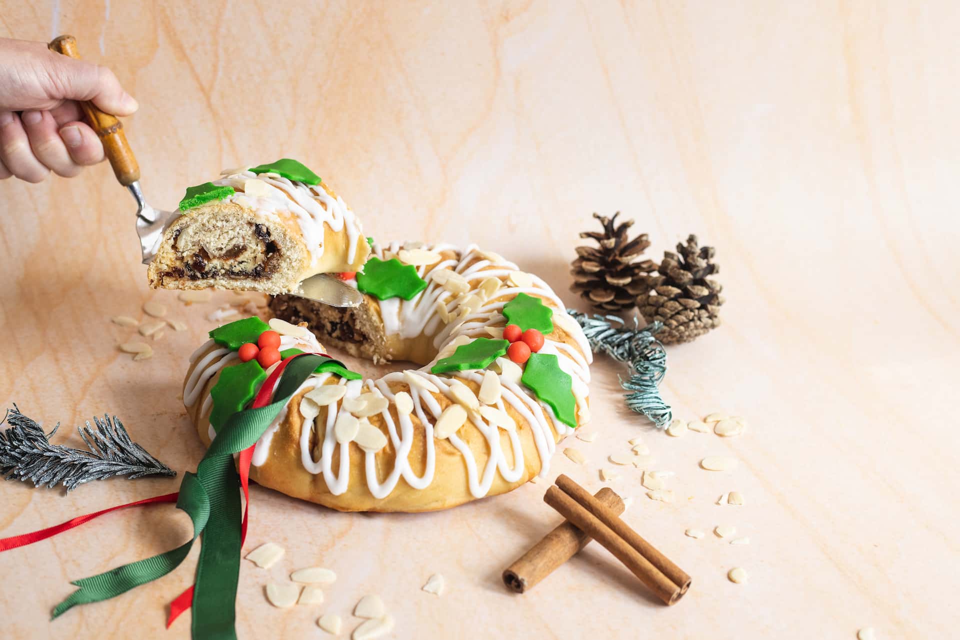 A festive vegan cinnamon roll Christmas wreath