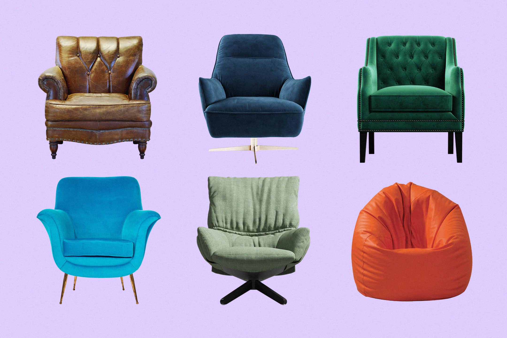 Cut out images of six sofas in different styles with a purple background