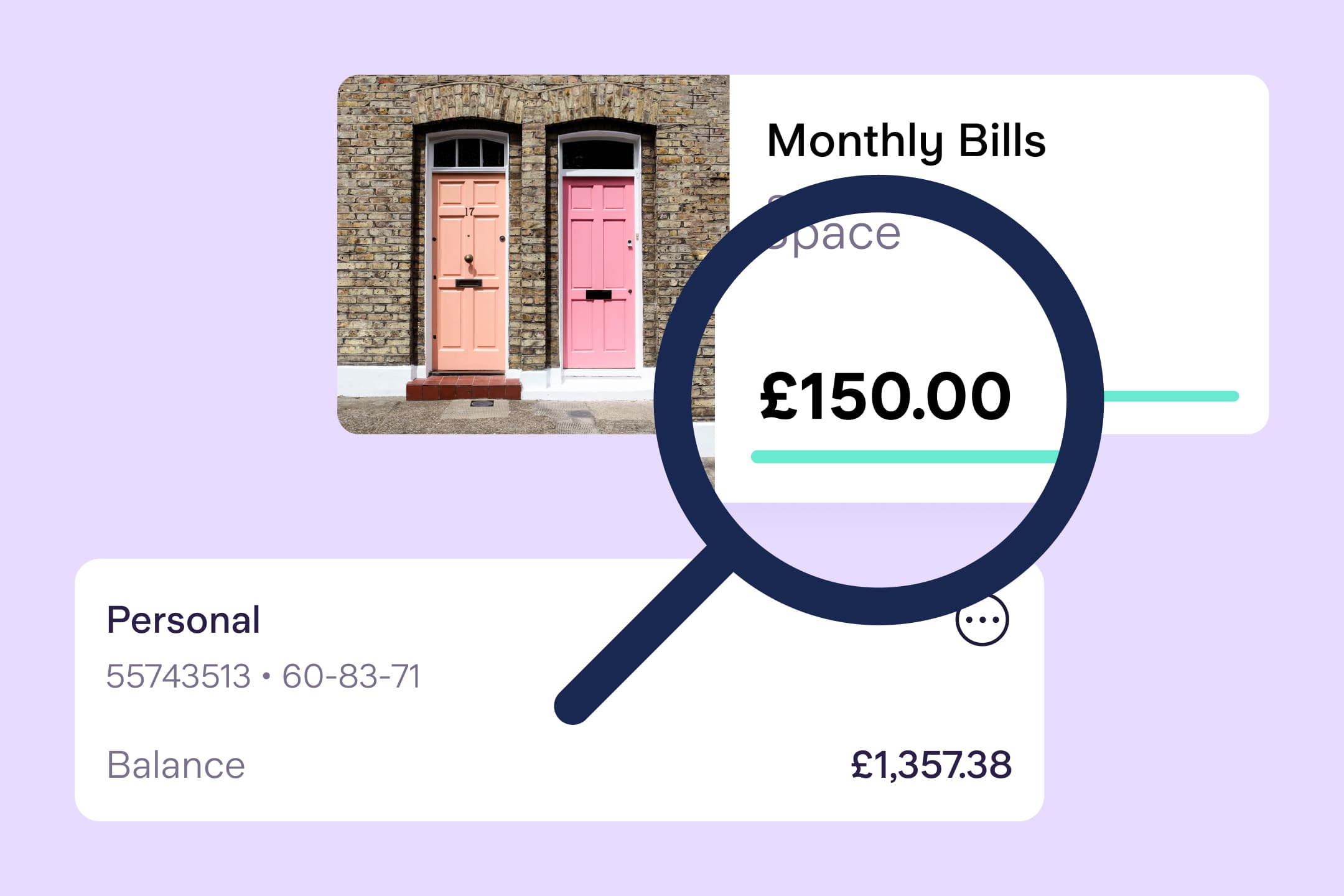 Header showing a magnifying glass over a Monthly Bills Space and a personal account balance