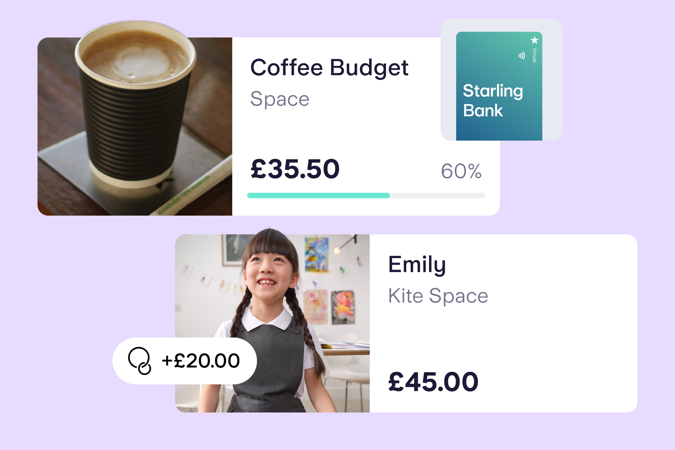 Header showing a Coffee Budget Space in the Starling app and a Kite Space for a girl called Emily