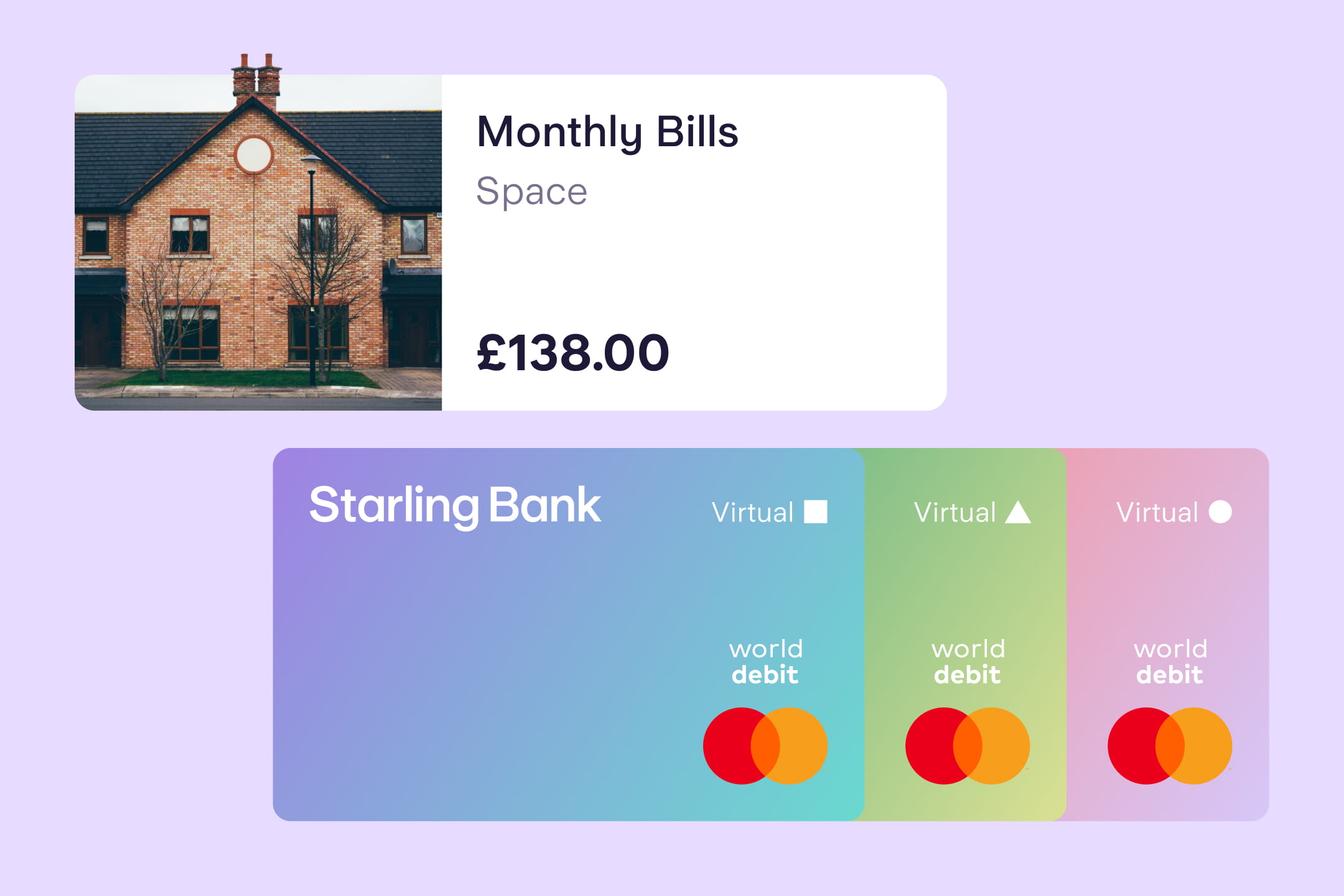 A Monthly Bills Space from the Starling app and three virtual cards shown on a purple background