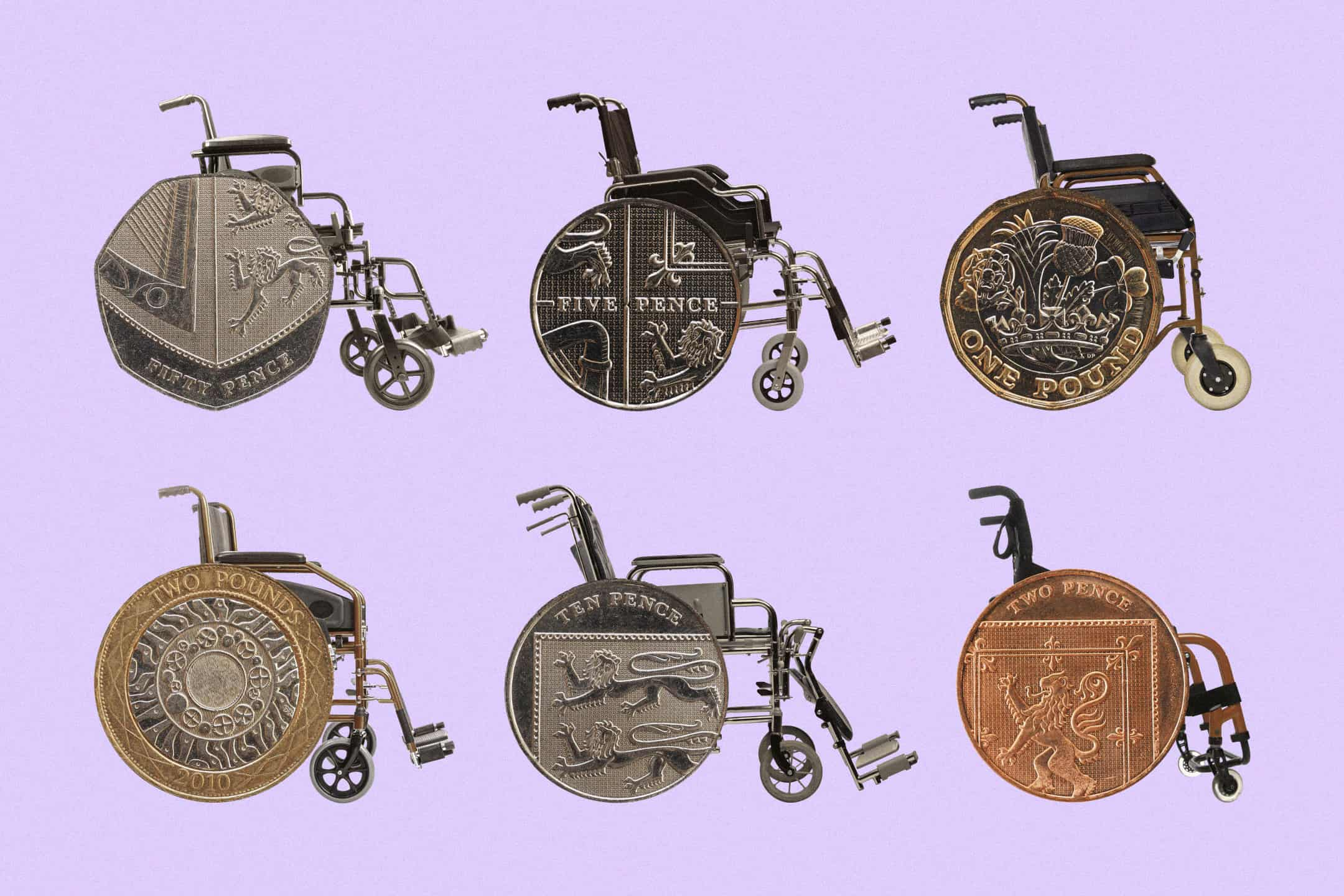 Image of six wheelchairs in profile on a purple background with cut outs of coins overlaid on the larger wheel.