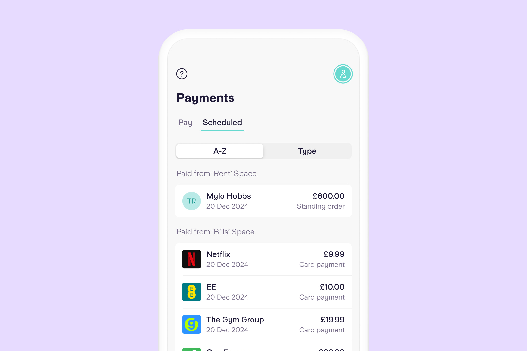 Image showing a phone with the Starling app open on the Scheduled payments screen, which includes subscriptions