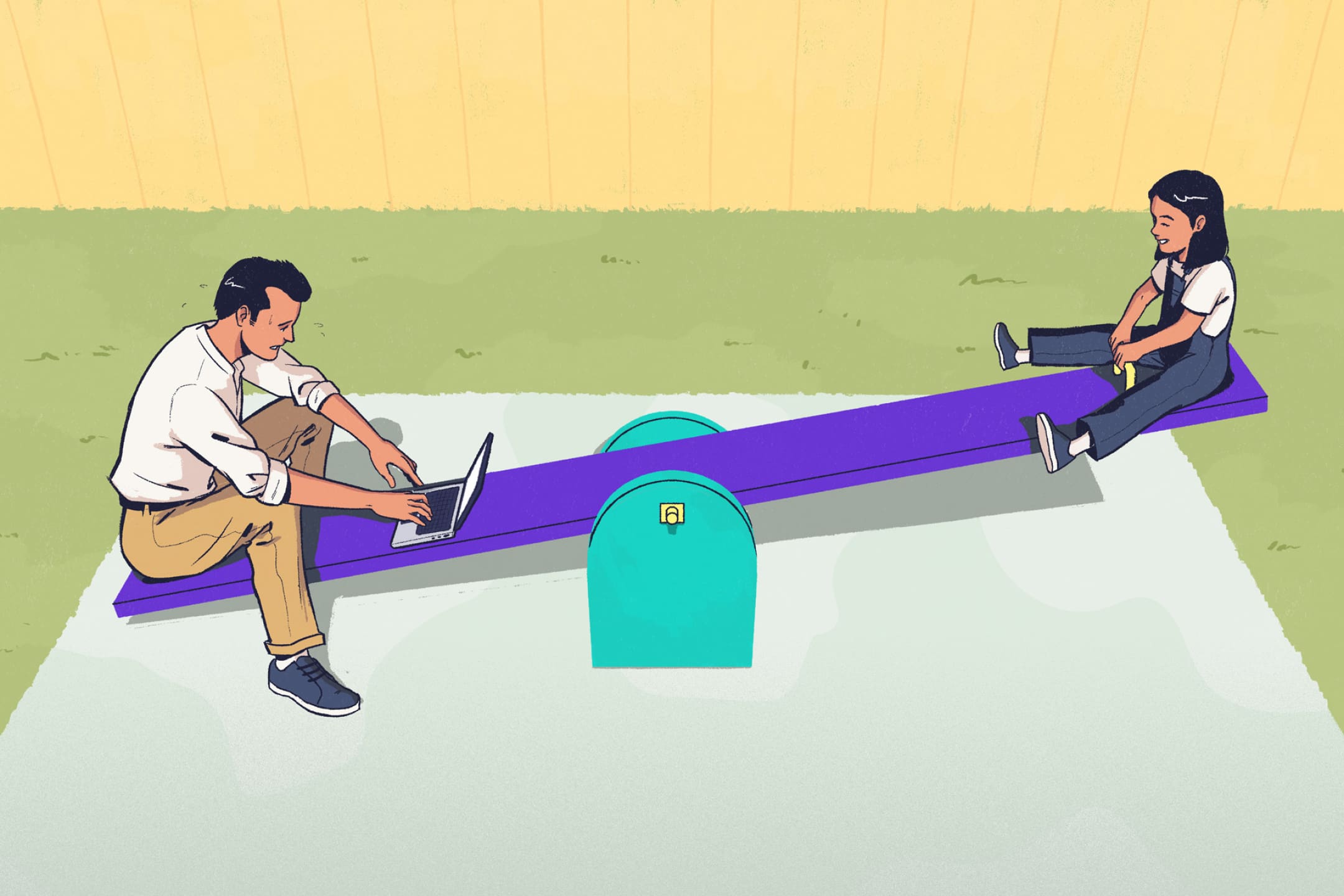 Illustration of a dad with a laptop weighing down a seesaw with the child on the other end