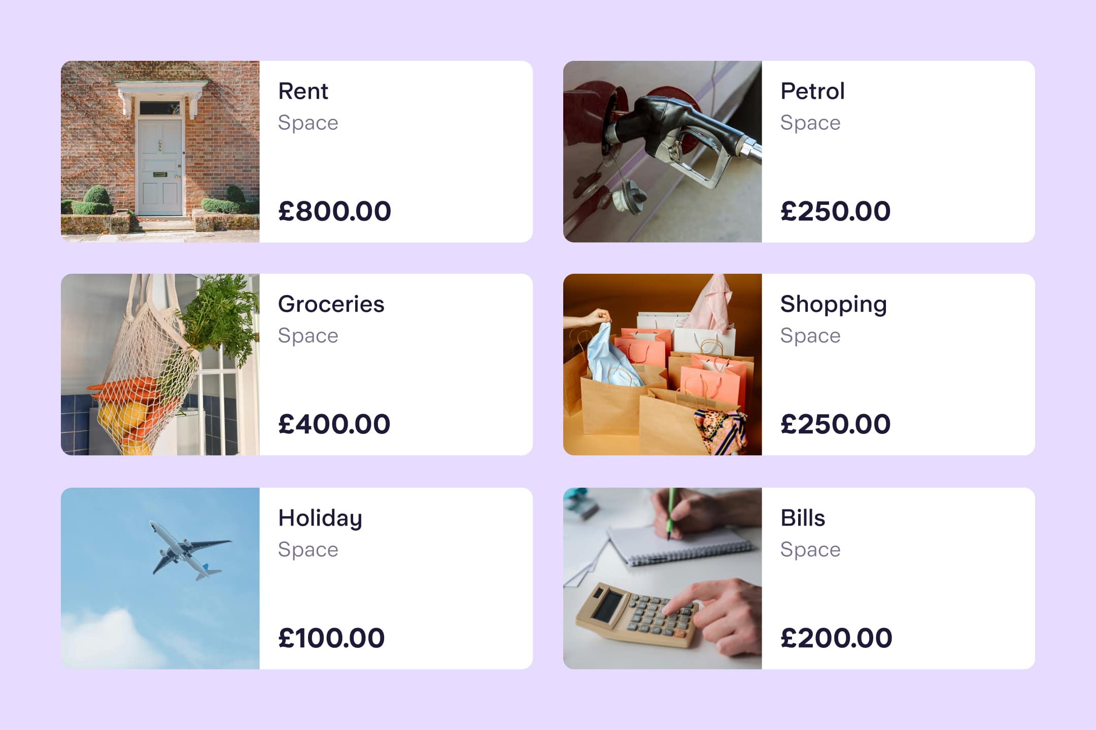 Six Spaces in the Starling app each with a different purpose, such as Rent or Shopping