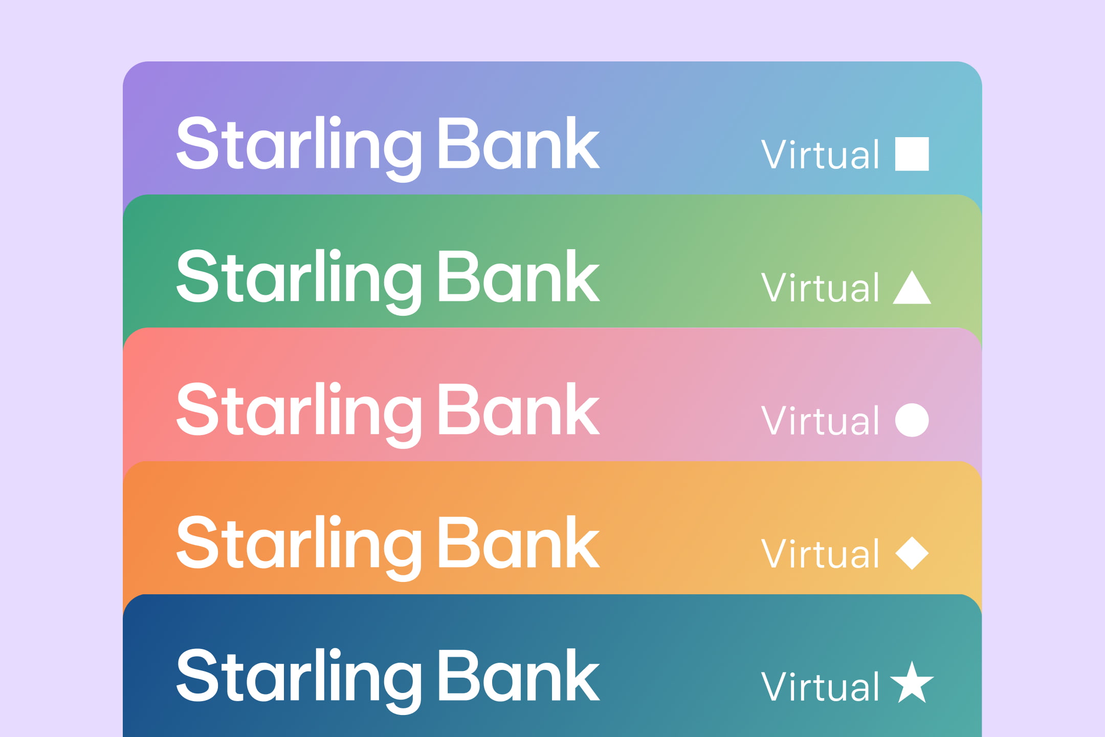 Five Starling virtual cards shown as a customer would see them in their digital wallet