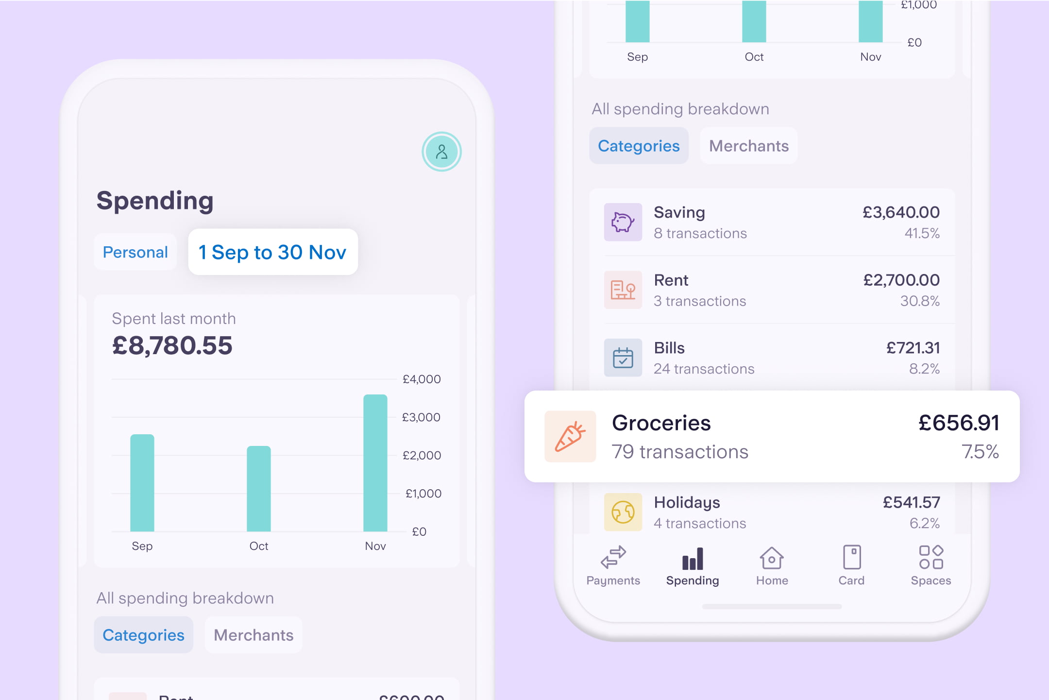 Three months worth of expenses for an example Starling customer, shown through the Spending Insights section of the Starling app