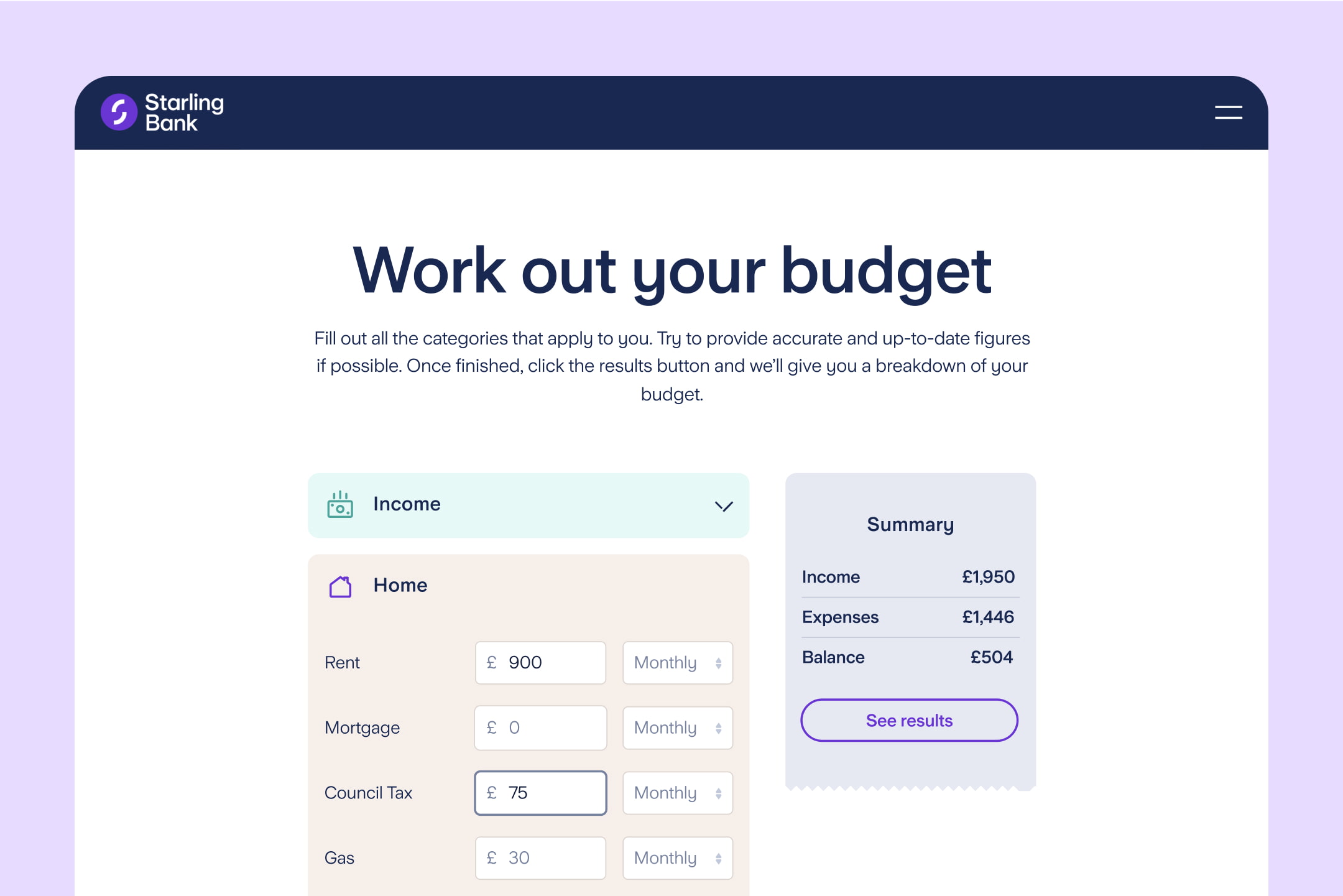 Screenshot of Starling's free budget planner showing fields for Rent, Council Tax, Gas etc.