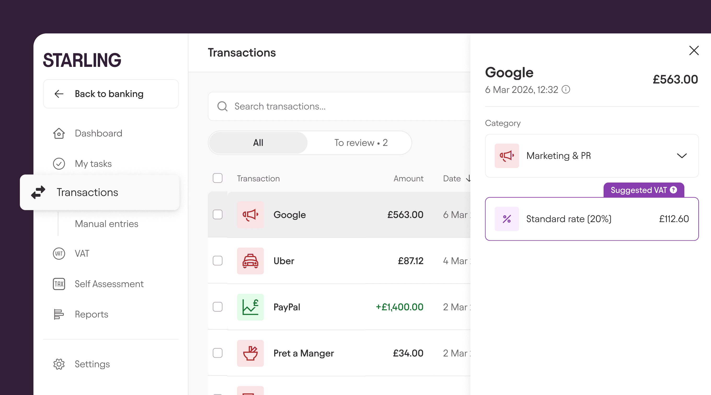 Bookkeeping tab in Starling's Online Banking