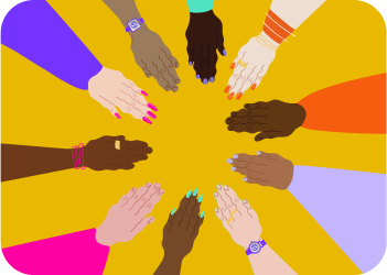 Diverse range of hands reaching for the centre to form a circle