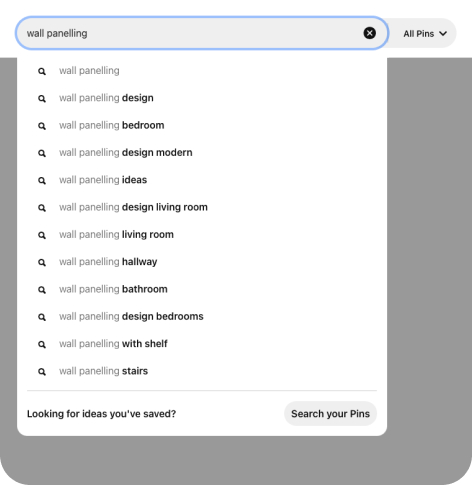 An example of searching for "wall panelling" with a list of related search results