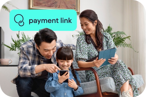 Happy family interacting with child on phone with "payment link" text above