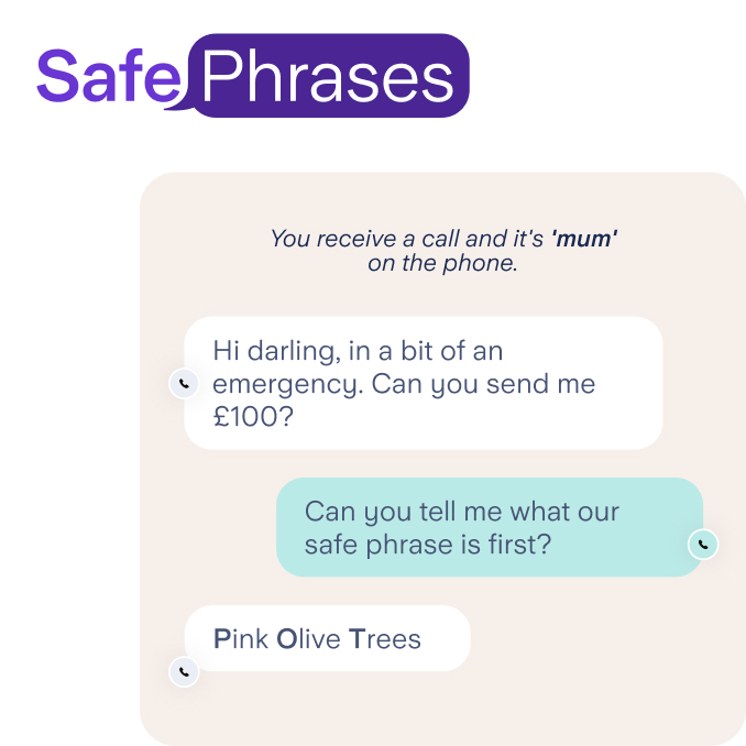 Safe Phrases logo, with text messages asking for money