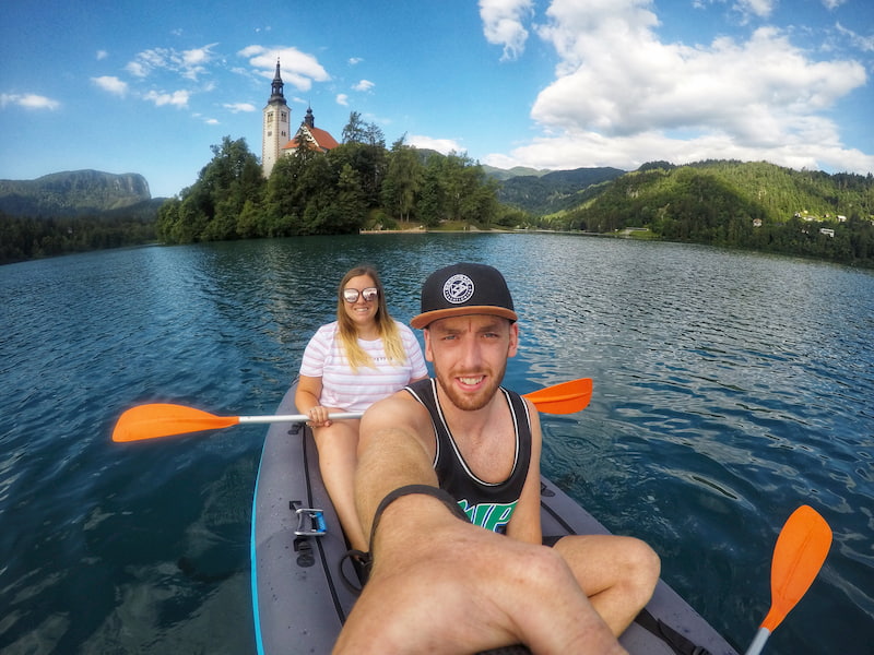 Harriet and Josh kayaking on Lake Bled