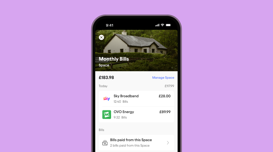 Starling app showing Monthly Bills Space