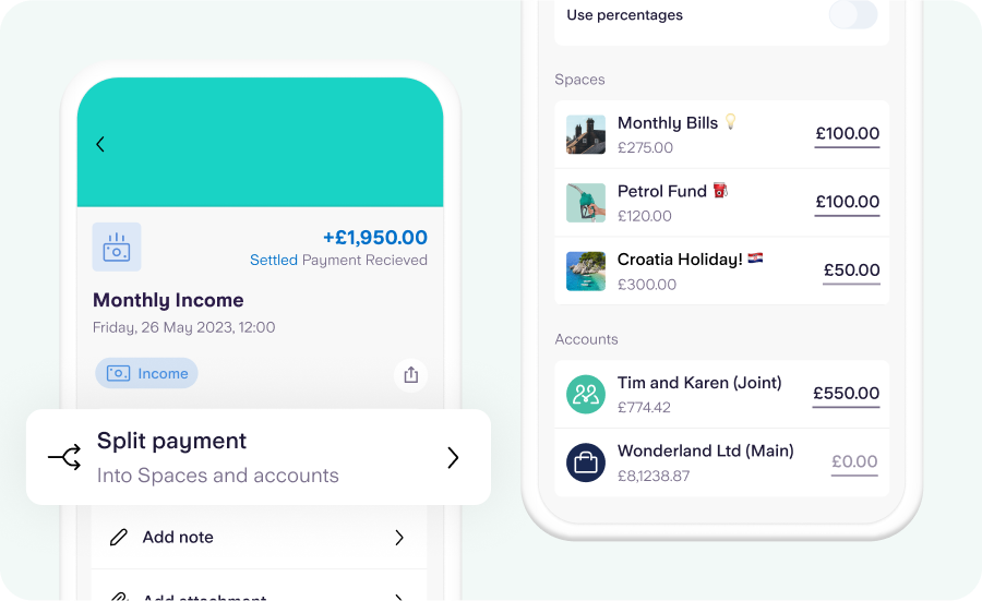 Two phone screens showing the Split payment process