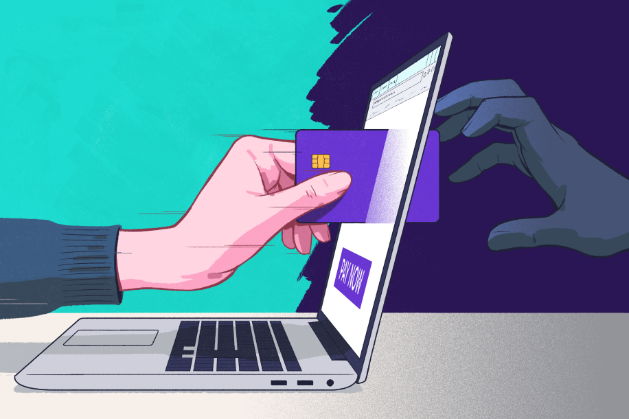 Illustration of hand inserting card into laptop with second hand trying to steal on the other side