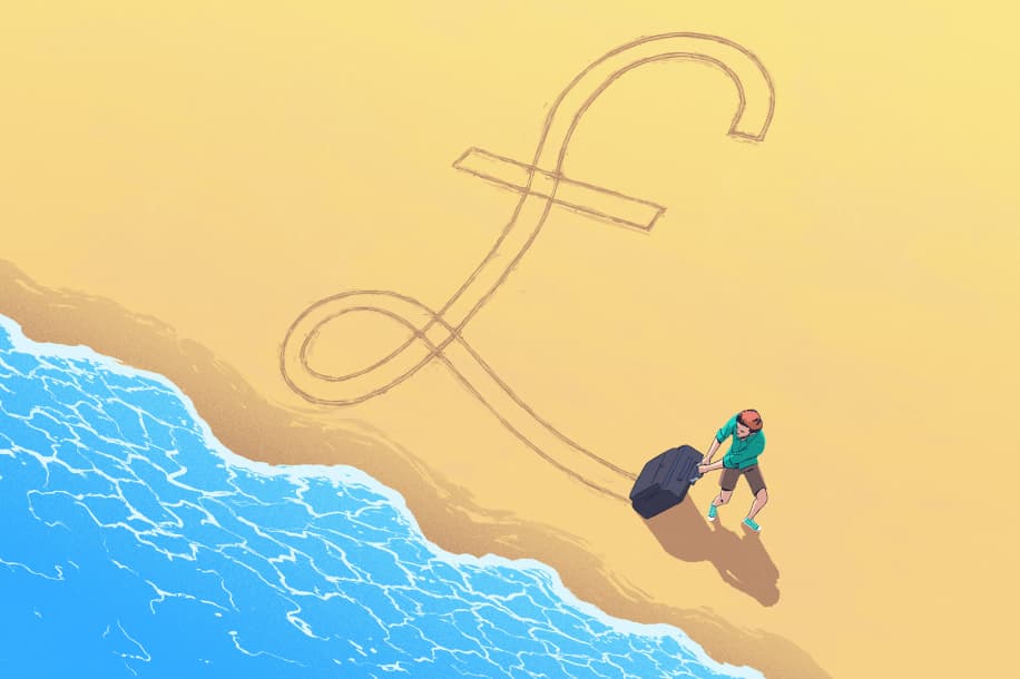 Illustration of person dragging suitcase through the sand, making a pound sign