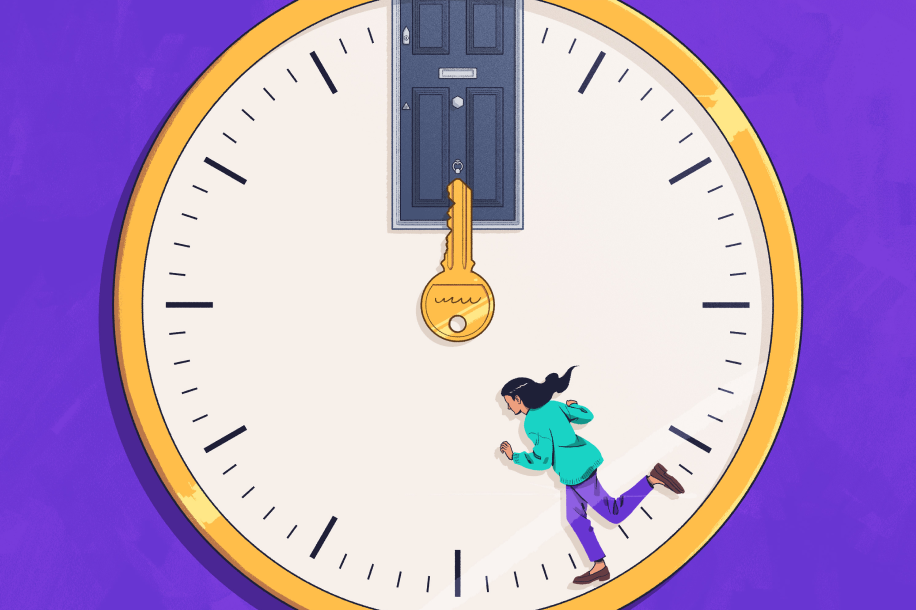 Illustration of clock with person running and key in the middle