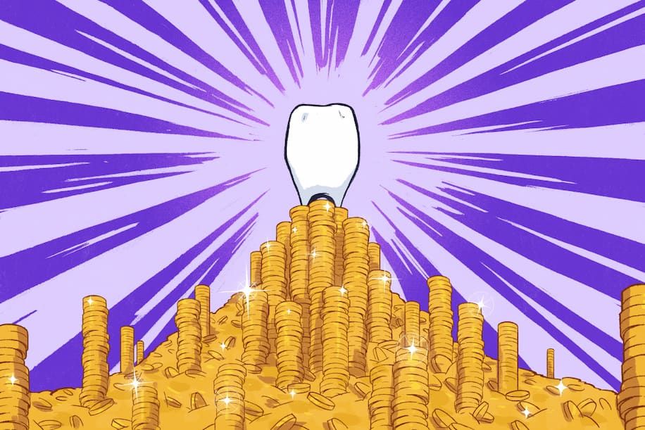 Illustration of a tooth on top of stacks of coins