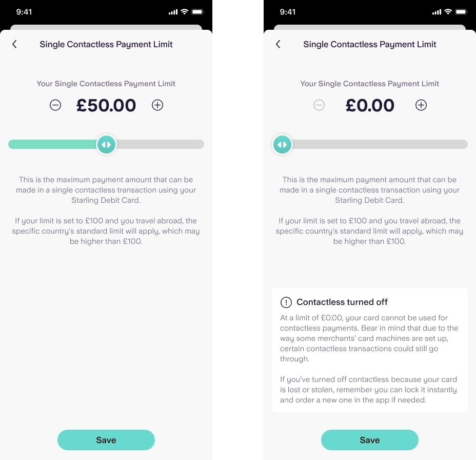 Starling app demonstrating how to use the contactless limit feature
